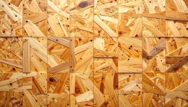 Close-up view of a textured OSB wood panel surface, showing compressed wood chips and sawdust, warm lighting