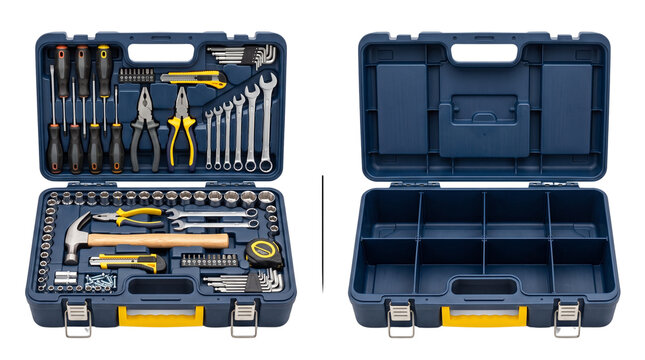 Professional tool box set with hand tools, blue plastic hardware organizer case, comprehensive repair kit for home maintenance and construction isolated PNG with Transparent Background