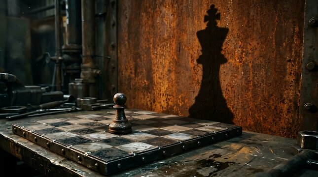 Pawn sits in the center of a weathered chessboard while a looming shadow of a king stretches across the surface in a workshop.