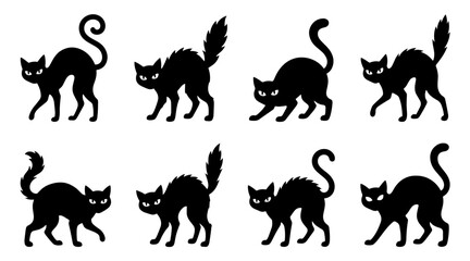 Black cat silhouettes in various arched poses set against a plain white background for graphic design © MDSHOFIULAZAM