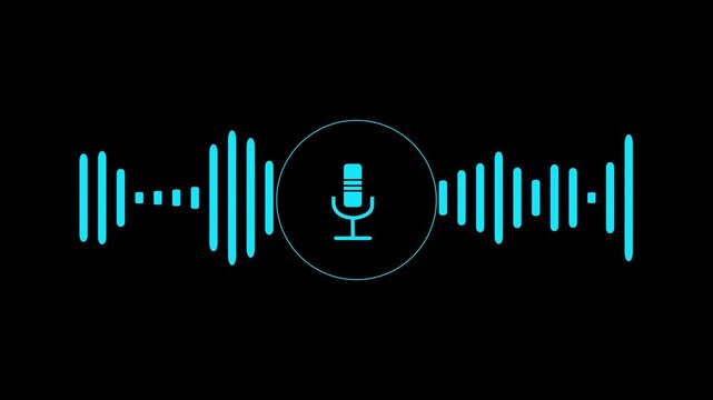 A microphone icon with white animated equalizer. Animation for video podcast, broadcast, radio, intro or opener. Music or sound vizualization with sound wave, frequency in the dark blue background.