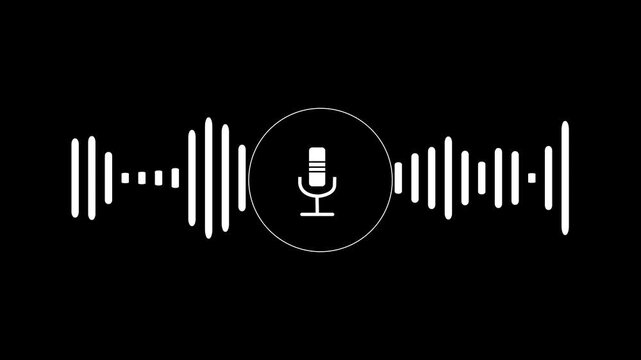 A microphone icon with white animated equalizer. Animation for video podcast, broadcast, radio, intro or opener. Music or sound vizualization with sound wave, frequency in the dark blue background.