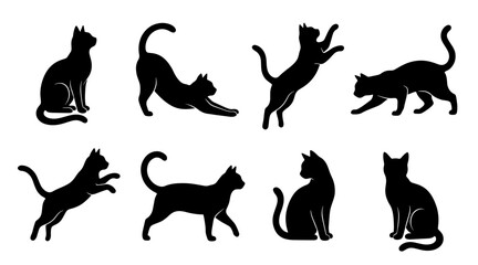 Black cat silhouettes set featuring various feline poses and movements in a minimalist graphic style © MDSHOFIULAZAM