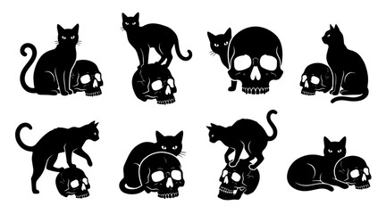 Obraz premium Collection of black cat silhouettes with human skulls in a minimalist graphic vector art style