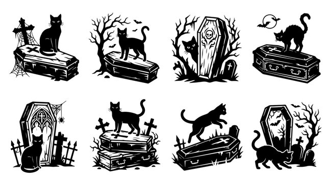 Black cat silhouettes with coffins in a graveyard setting featuring spooky gothic vector illustrations
