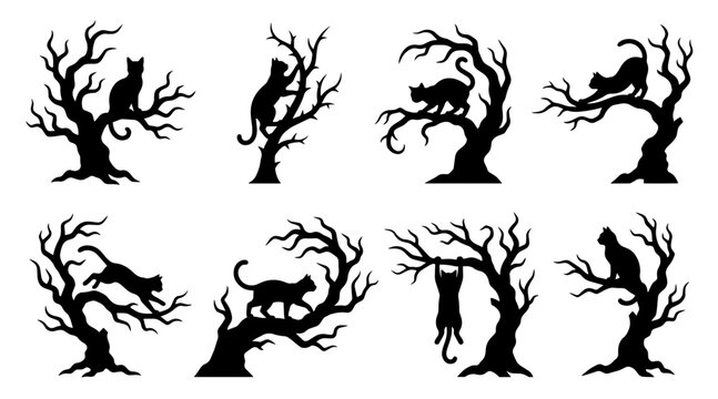 Collection of black cat silhouettes perched on bare spooky trees in a minimalist graphic style