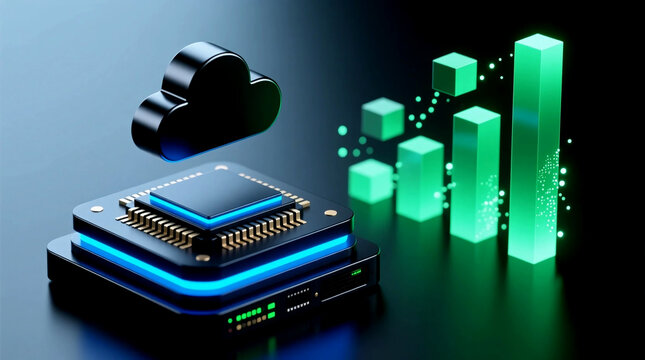 Showcasing digital transformation strategy via futuristic cloud migration and scalability illustrated as 3D concept render with glowing chip and copy space