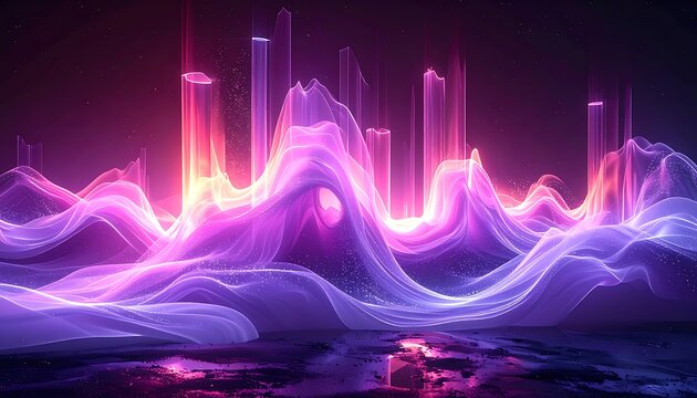 abstract sound wave visualization, pulsing neon pink and purple light particles, digital data flow, futuristic electronic music atmosphere