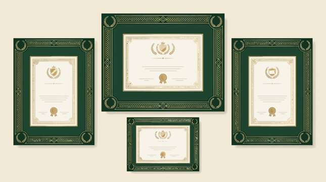 Set of ornate green framed certificates with seals and decorative borders