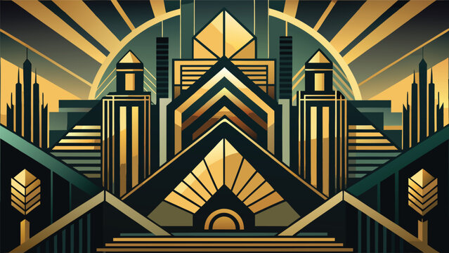 Symmetrical art deco urban architecture design with gold accents architecture building geometric symmetrical skyscraper metropolis background ornament modernist structure abstract sunburst