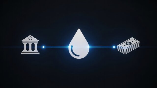 A glowing water droplet connects a building and cash icons on a black background