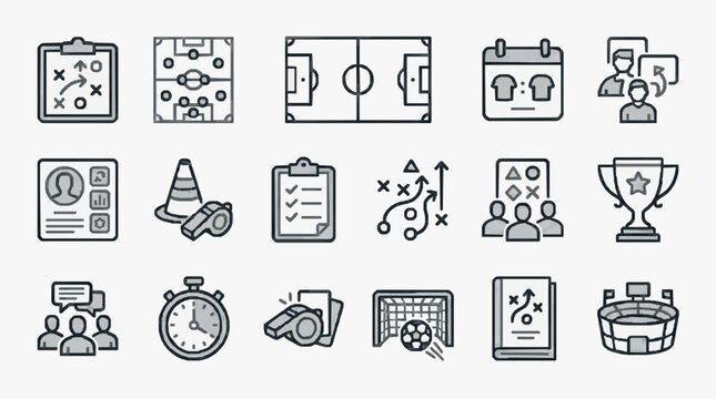 Industrial Style Black and White Line Icons Set Featuring Sports Strategy Planning and Teamwork Elements