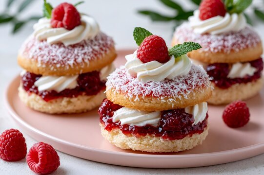 Swedish semla buns with raspberry, cream and coconut