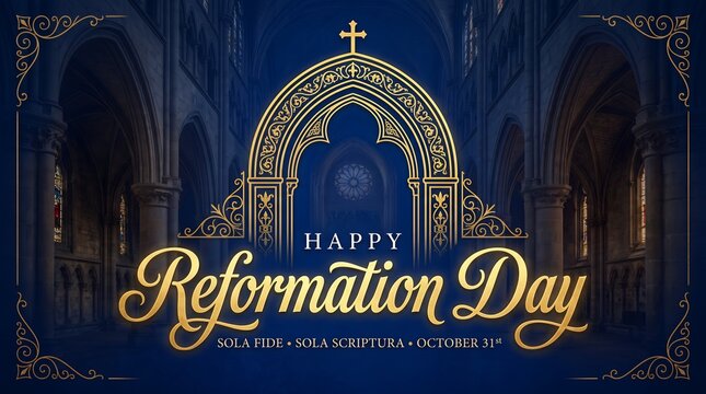 Elegant Golden Ornate Archway Entrance Overlooking Gothic Cathedral Interior Celebrating Reformation Day