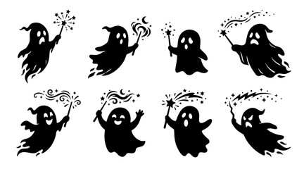 Collection of Halloween ghost silhouettes holding magic wands with sparkling stars in flat vector style © MDSHOFIULAZAM