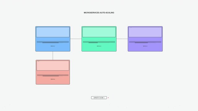 Digital data nodes connecting in a microservices architecture network with abstract glowing lines