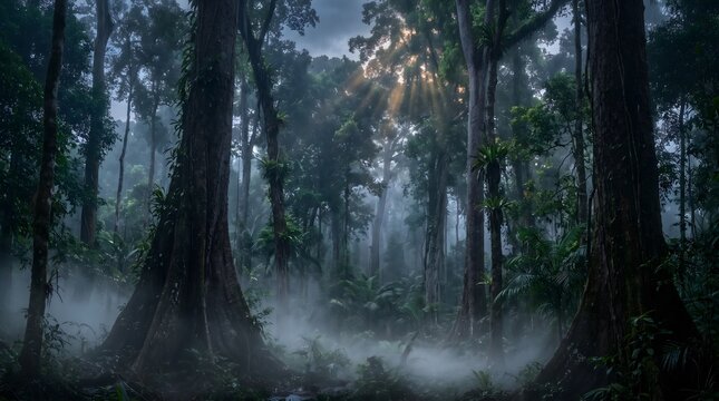 Wide cinematic photograph of misty rainforest with towering trees