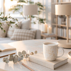 A ceramic coffee mug rests on a linen book beside eucalyptus and pencils in a warm, sunlit beige home interior.