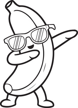Cool banana character wearing sunglasses and performing a dabbing pose for kids coloring page vector