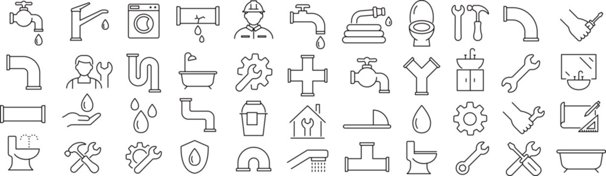 ベクターでモノクロの水道設備に関する線画アイコンセット
