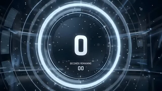 Futuristic digital countdown HUD interface with zero seconds remaining in glowing blue style