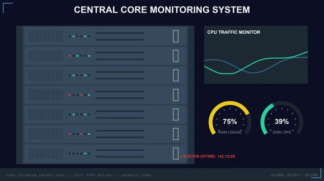 Digital dashboard monitoring server data in a high tech control room with a modern professional style