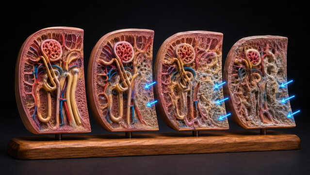 Detailed cross section kidney tubule model on wooden stand showing four stage nephron progression from healthy to end stage renal disease with neon blue arrows