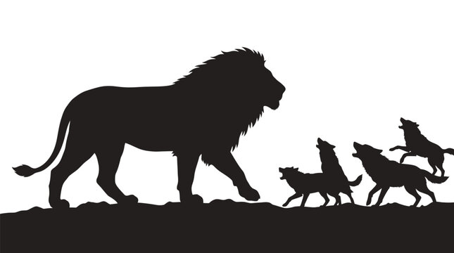 Majestic lion silhouette walking towards a pack of howling wolves in this creative vector graphic illustration
