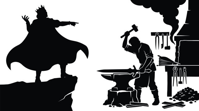 Black and white vector illustration of a commanding king ordering a blacksmith to forge swords