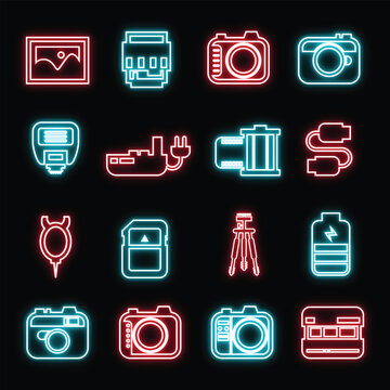 Photography equipment and camera neon sign icons set with glowing red and blue line art on black background
