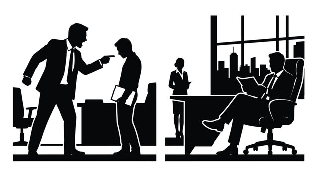 Aggressive boss yelling at a subordinate in a professional black and white vector graphic illustration design