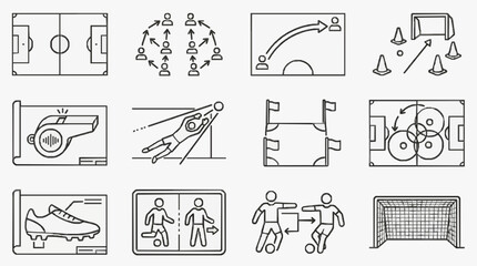 Professional Black and White Line Drawing Set of Sports Training and Equipment Icons for Coaching Soccer and Fitness © Ayu