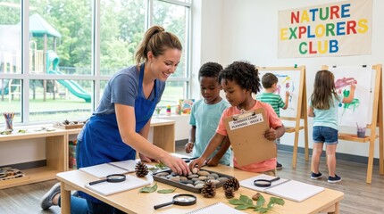 Fototapeta premium Teacher Engages Children in Summer Childcare Activity