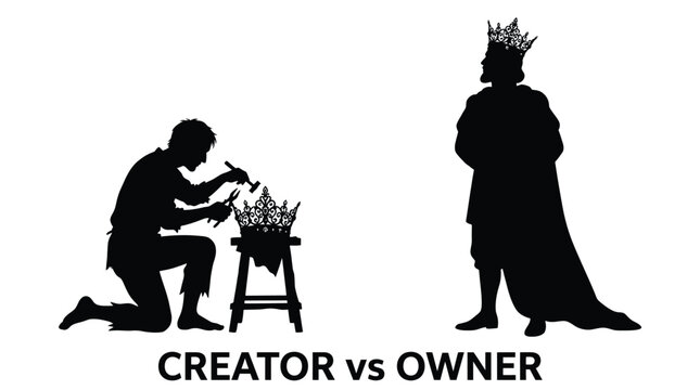 Black and white vector illustration showing a craftsman making a crown for a regal king figure