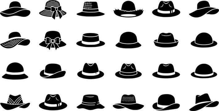 Collection of Fashion Hat Silhouettes Featuring Straw, Fedora, Bucket, Floppy and Wide Brim Headwear Isolated on White Background