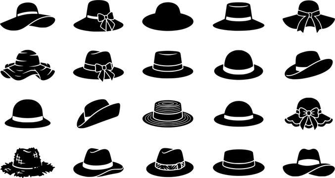 Collection of Fashion Hat Silhouettes Featuring Straw, Fedora, Bucket, Floppy and Wide Brim Headwear Isolated on White Background