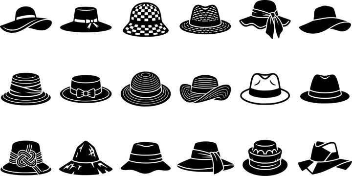 Collection of Fashion Hat Silhouettes Featuring Straw, Fedora, Bucket, Floppy and Wide Brim Headwear Isolated on White Background