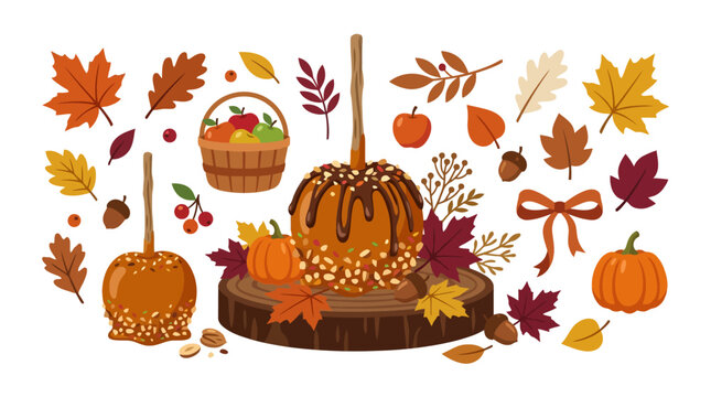 Autumn harvest vector set with caramel apples pumpkins and colorful fall leaves. EPS Editable. Vector Illustrations.