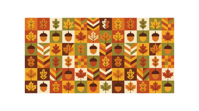 Autumn patchwork pattern with colorful fall leaves and acorns in geometric grid. EPS Editable. Vector Illustrations.