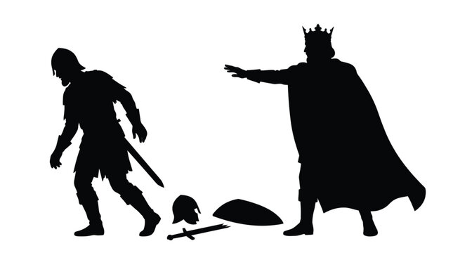 Black vector silhouette illustration of an angry king banishing a defeated soldier from his castle throne