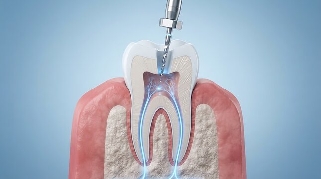 3d illustration of a dental root canal procedure on a human molar tooth