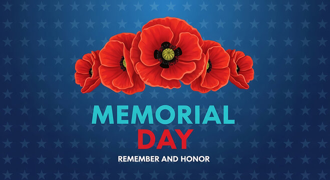 Memorial day background with red poppies and blue star pattern