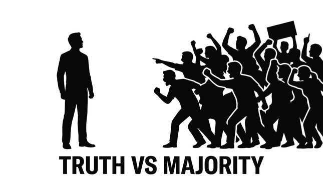 Minimalist vector illustration showing a lone man standing against an angry crowd of shouting people