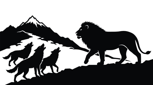 Majestic lion standing before howling wolves in this detailed black and white vector graphic illustration design