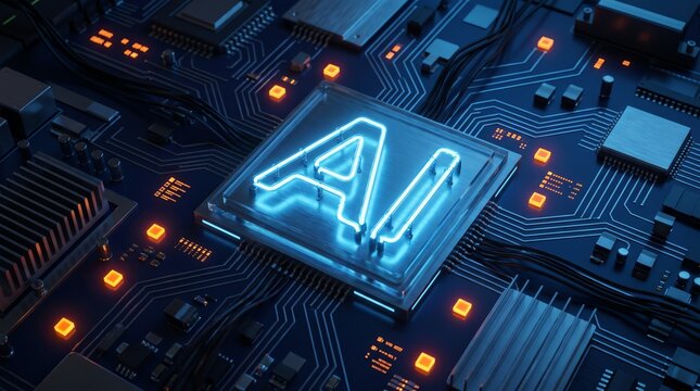 Glowing AI letters on a futuristic microchip processor on a circuit board with blue and orange neon light