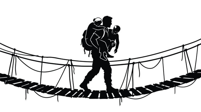 Silhouette vector illustration of a brave soldier carrying two small children across a rope bridge