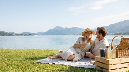 Fototapeta premium Couple Enjoying Summer Bank Holiday Picnic by Lake