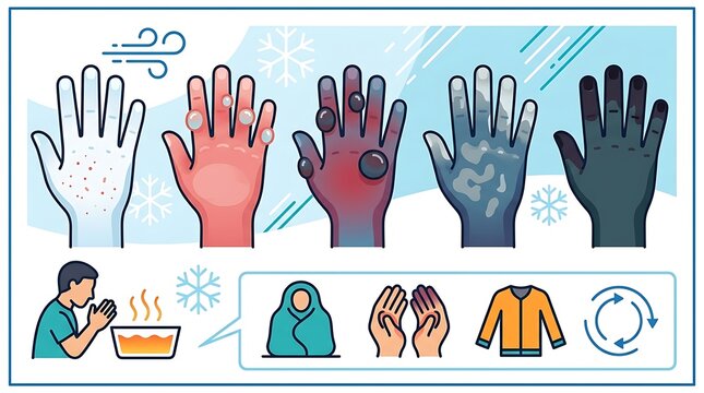 Stages of frostbite on hands and treatment guide infographic