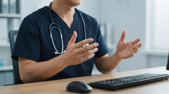 doctor hand writing medical report on clipboard and reviewing patient document at hospital office with laptop. Concept healthcare administration, insurance claim analysis, and clinical prescription.