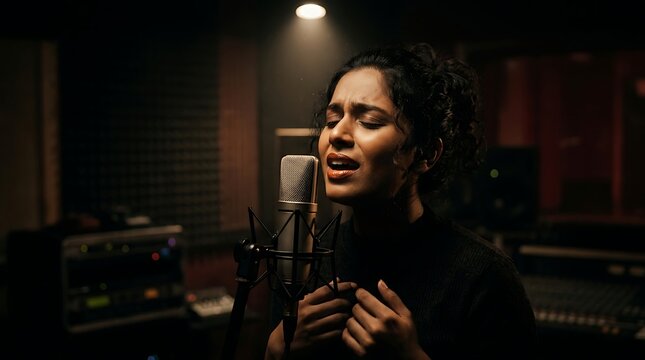 Talented female singer recording vocals in a professional music studio